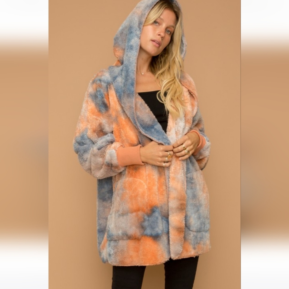 Soft and Cozy Tie-Dye fur Hooded open Jacket - Coral_blue